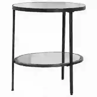 Aged Broze Effect Round Glass Top Side Table With Mirrored Shelf